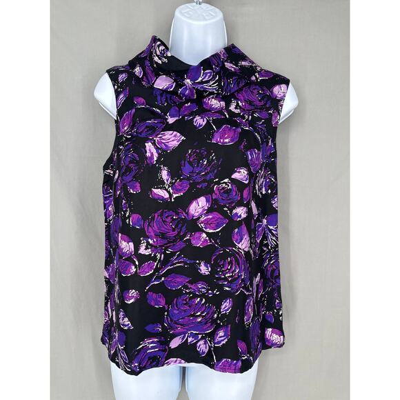 Tibi Top Womens 4 Purple Silk Floral Black Rose Print Silk Y2K Cowl Neck Artsy - Picture 1 of 7